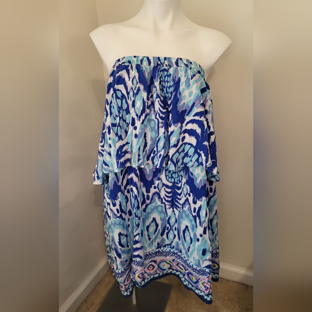 Lilly Pulitzer Quincy Swing Dress Tropi Call Me Engineered Blue Sz M strapless